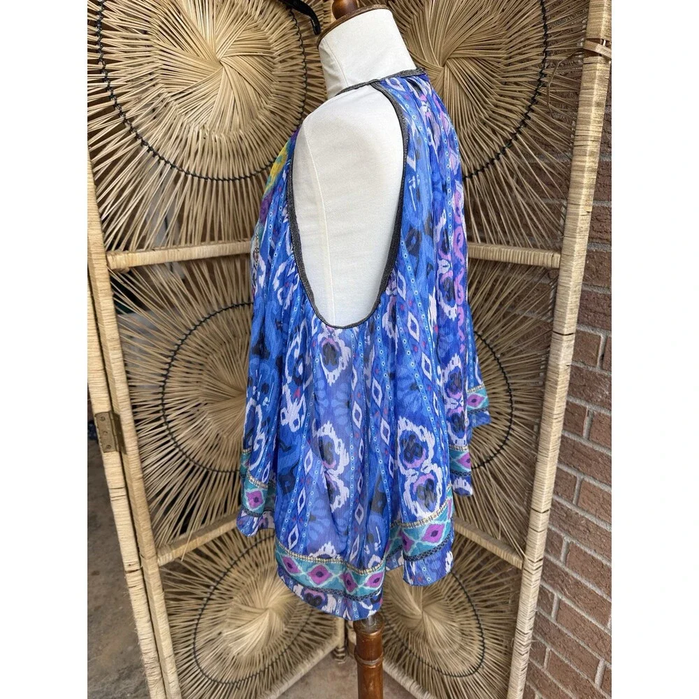 Zara Printed Swing Halter Tribal Print Blue Women’s Beaded Trim Sz S Roomy - Picture 4 of 8